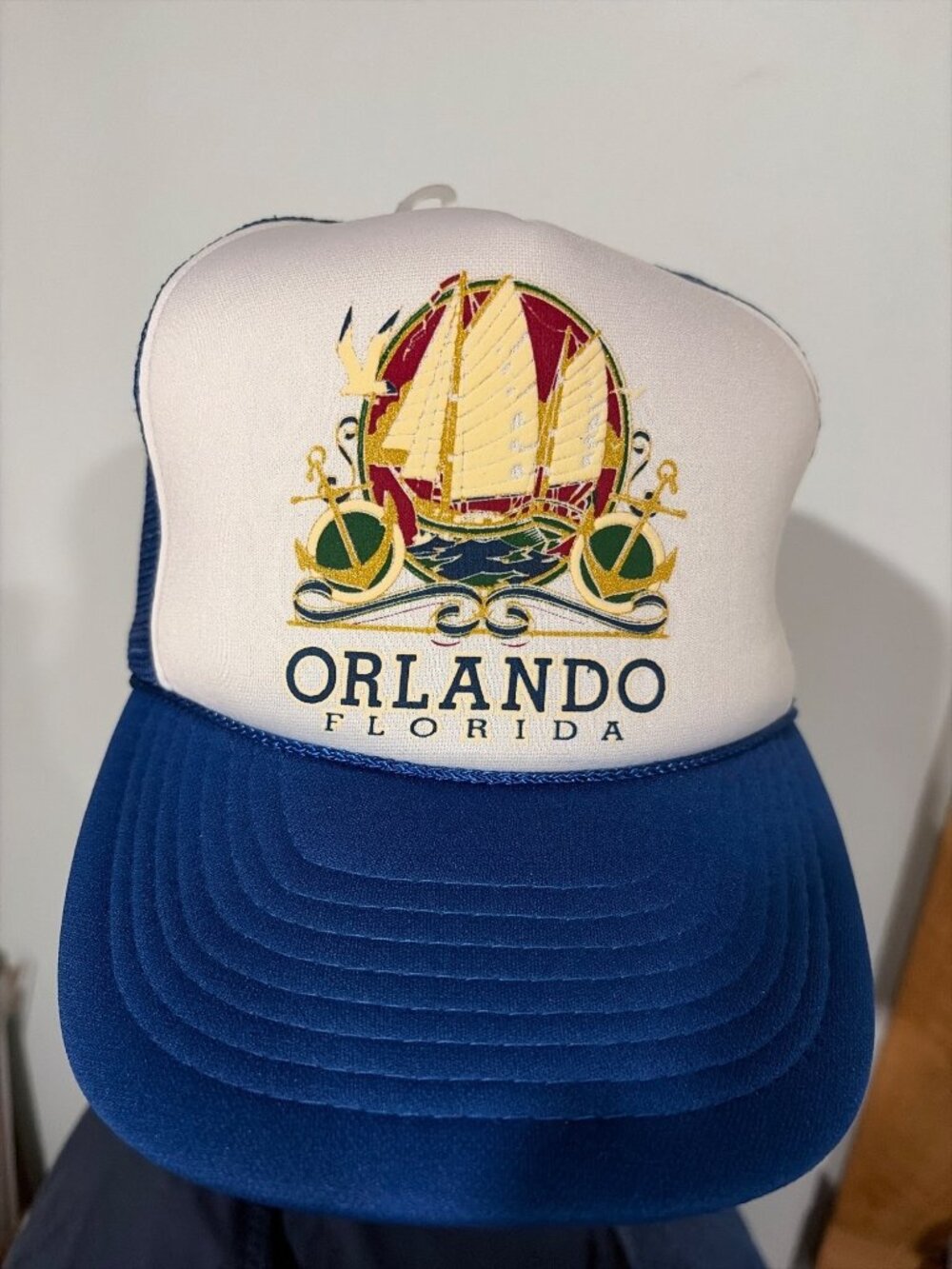 VTG Orlando Florida Mesh Trucker Hat Sailboat Snapback Adjustable Blue & White